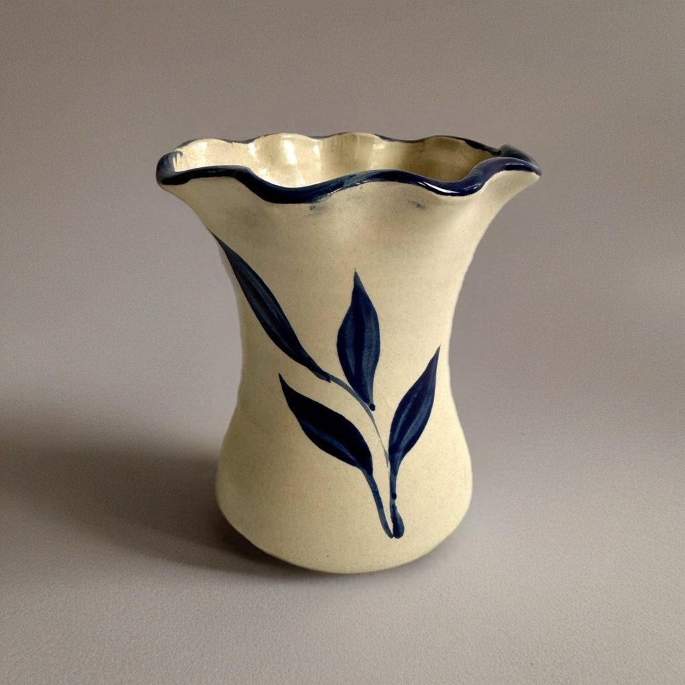 Williamsburg Pottery 1994 Salt Glazed Vase Cobalt Blue Leaf Ruffled Rim Vintage